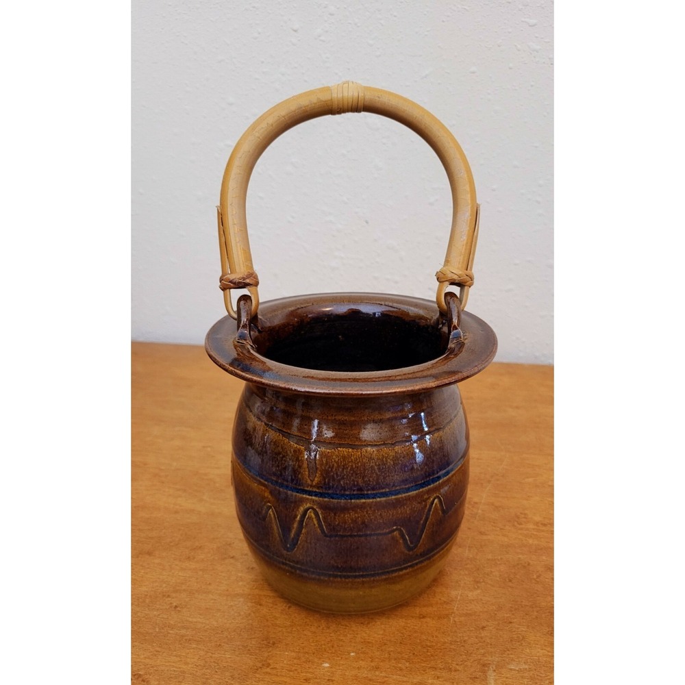 Vintage‎ Studio Art Pottery Bucket Hanging Planter Ceramic Glazed Cane Handle